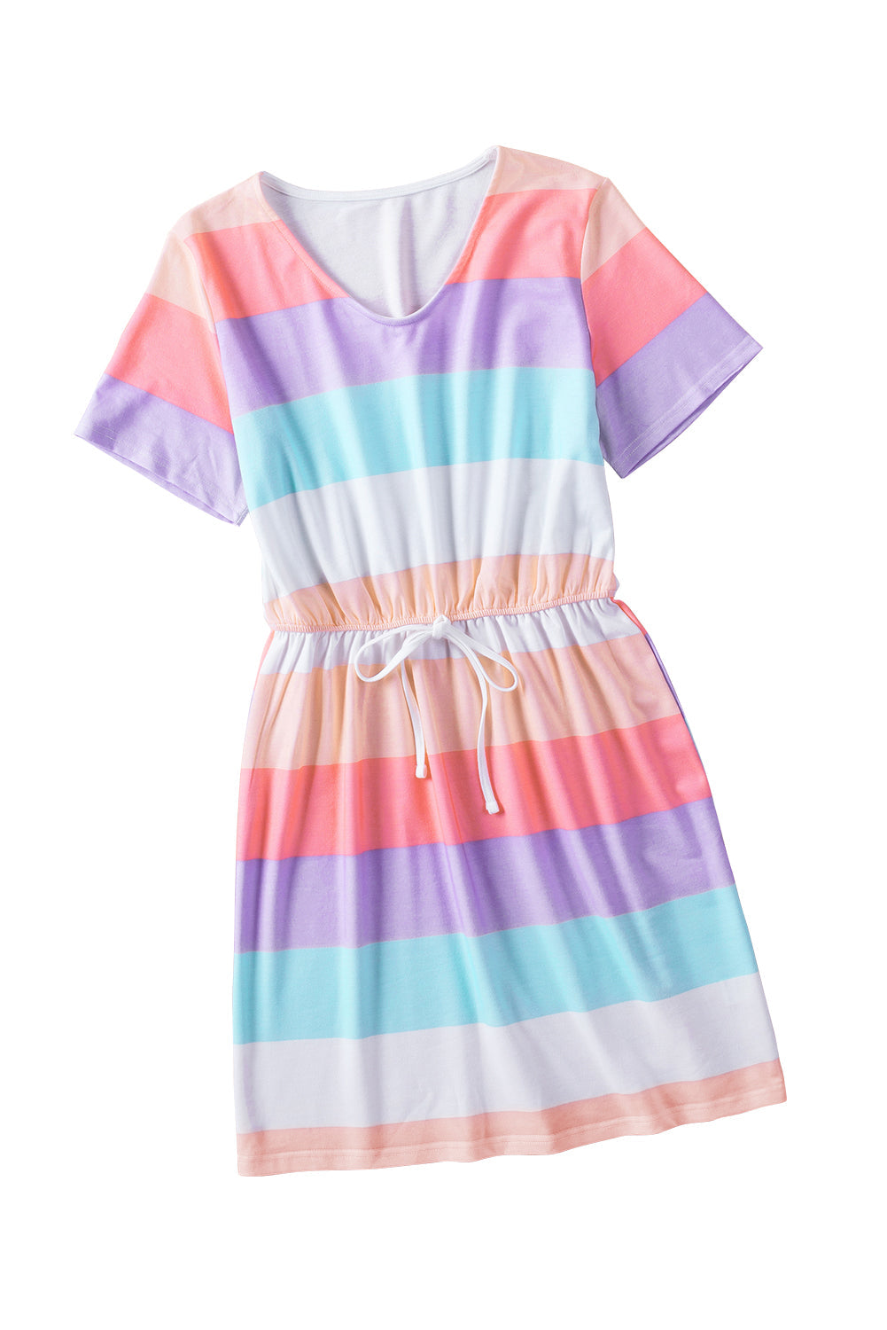 Multicolor Striped Drawstring V Neck T Shirt Dress