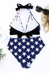 Blue Stars and Stripes Patchwork Flag Pattern Bikini Swimsuit