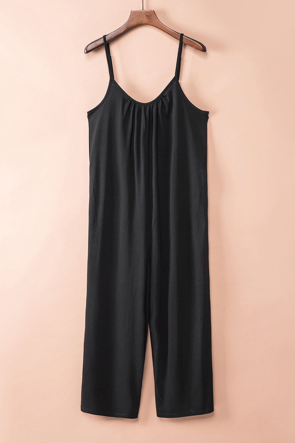 Black Spaghetti Straps Wide Leg Pocketed Jumpsuits