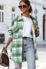 Green Plaid Flap Pocket Long Sleeve Shacket