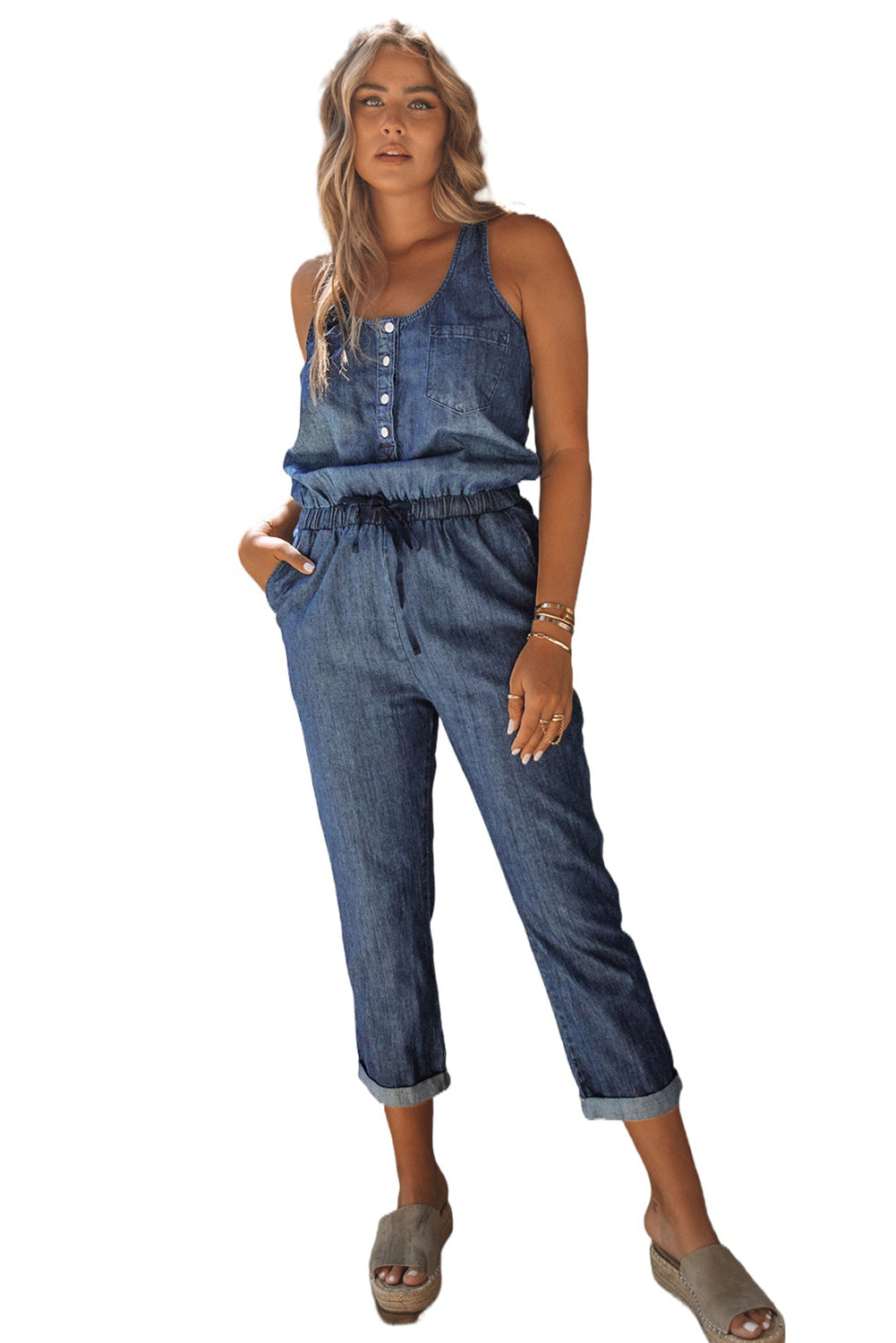 Blue High Waist Buttons Sleeveless Denim Romper