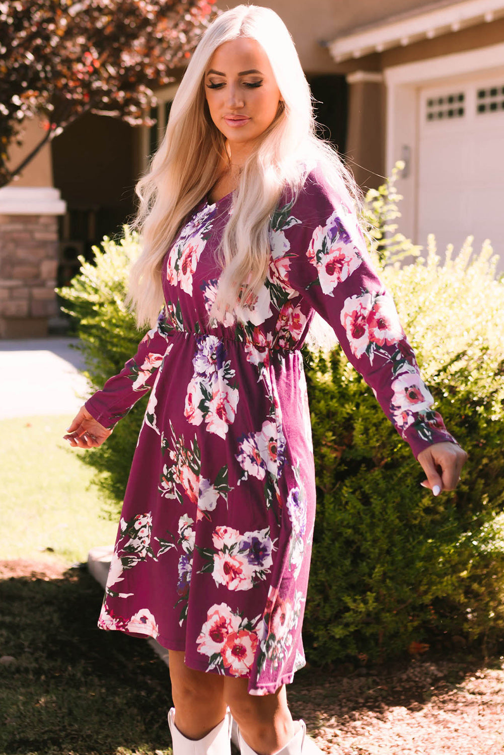 Rose Long Sleeve High Waist Floral Dress