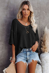 Black Waffle Knit Drop Shoulder Loose Top