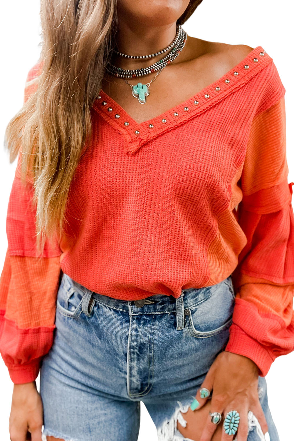 Red Studded V Neckline Exposed Seam Textured Knit Top