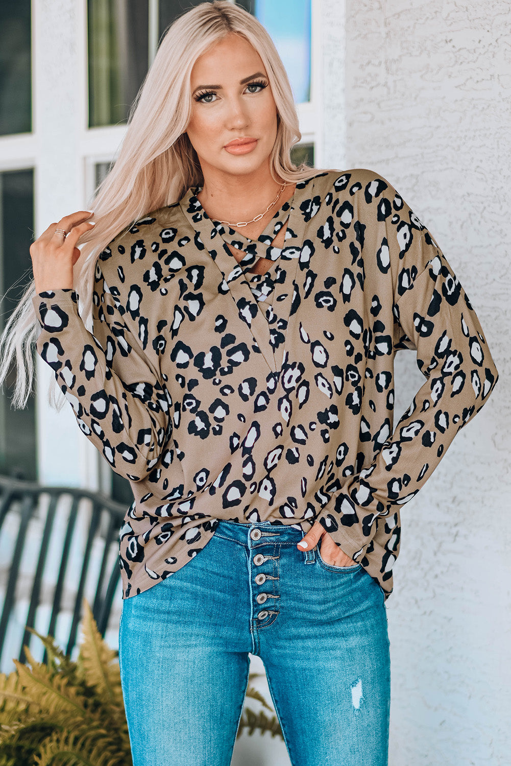 Leopard Crisscross V Neck Leopard Long Sleeve Tops