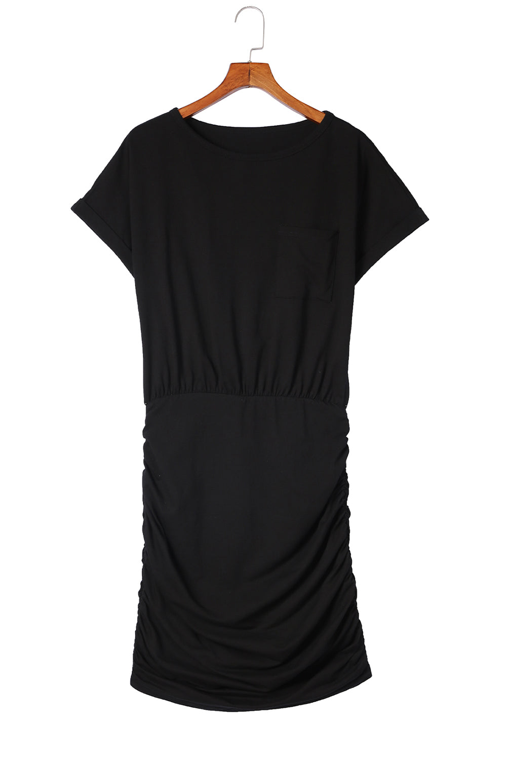 Black Chest Pocket Loose T-shirt Ruched Bodycon Mini Dress