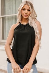 Black Pleated Round Neck Loose Sleeveless Top