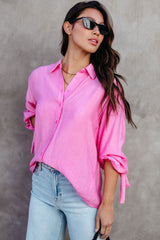 Pink Split Back Tie Knot Buttoned Long Sleeve Shirt