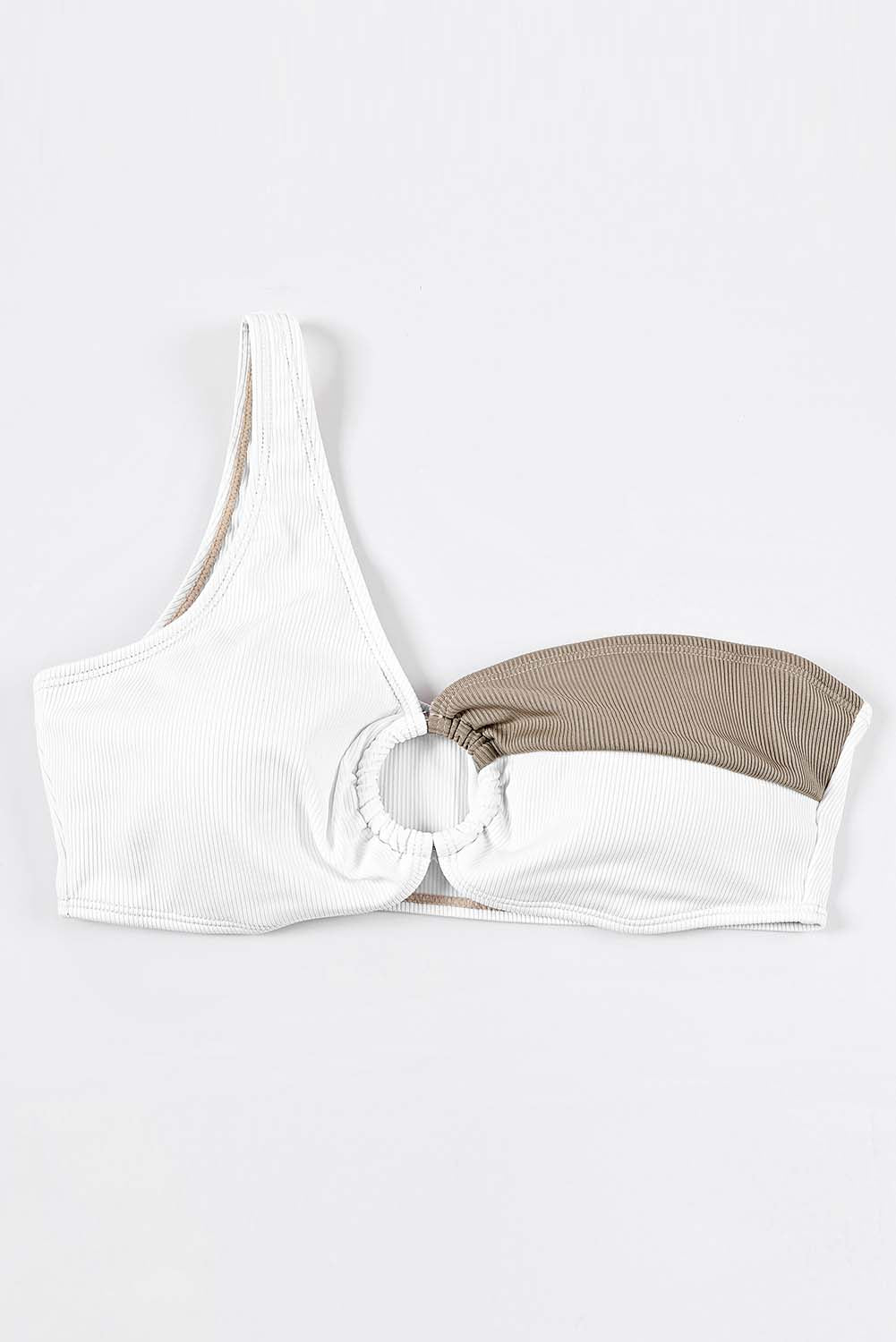 White Asymmetric Color Block Ribbed One Shoulder Bikini Swimsuit