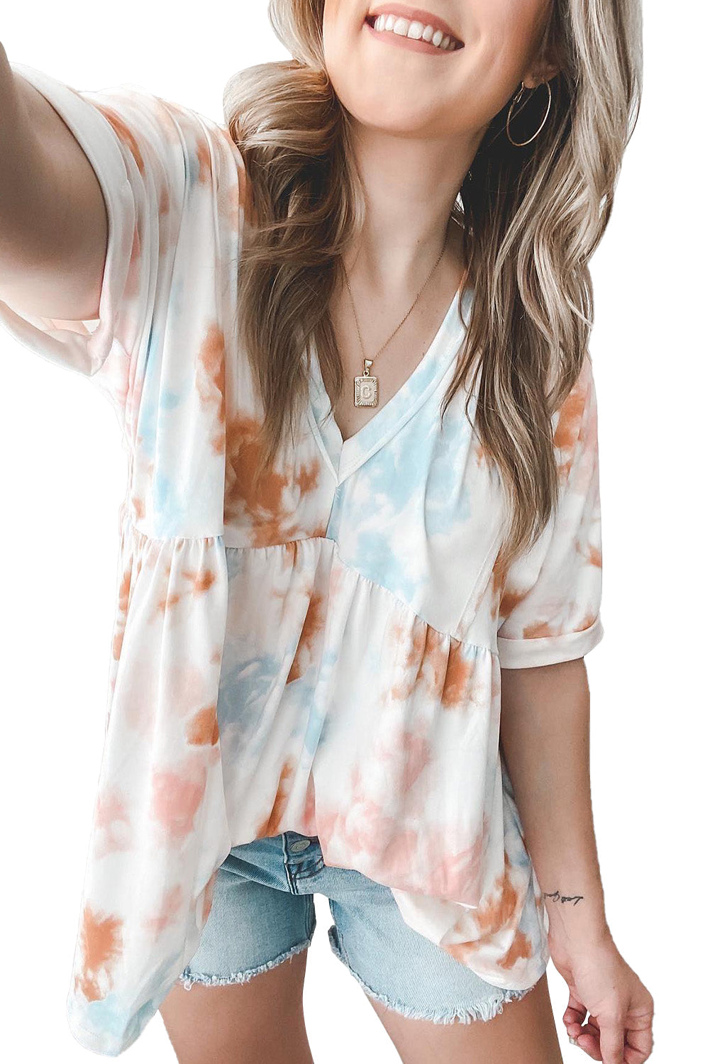 White Tie Dye Flowy Short Sleeve Top