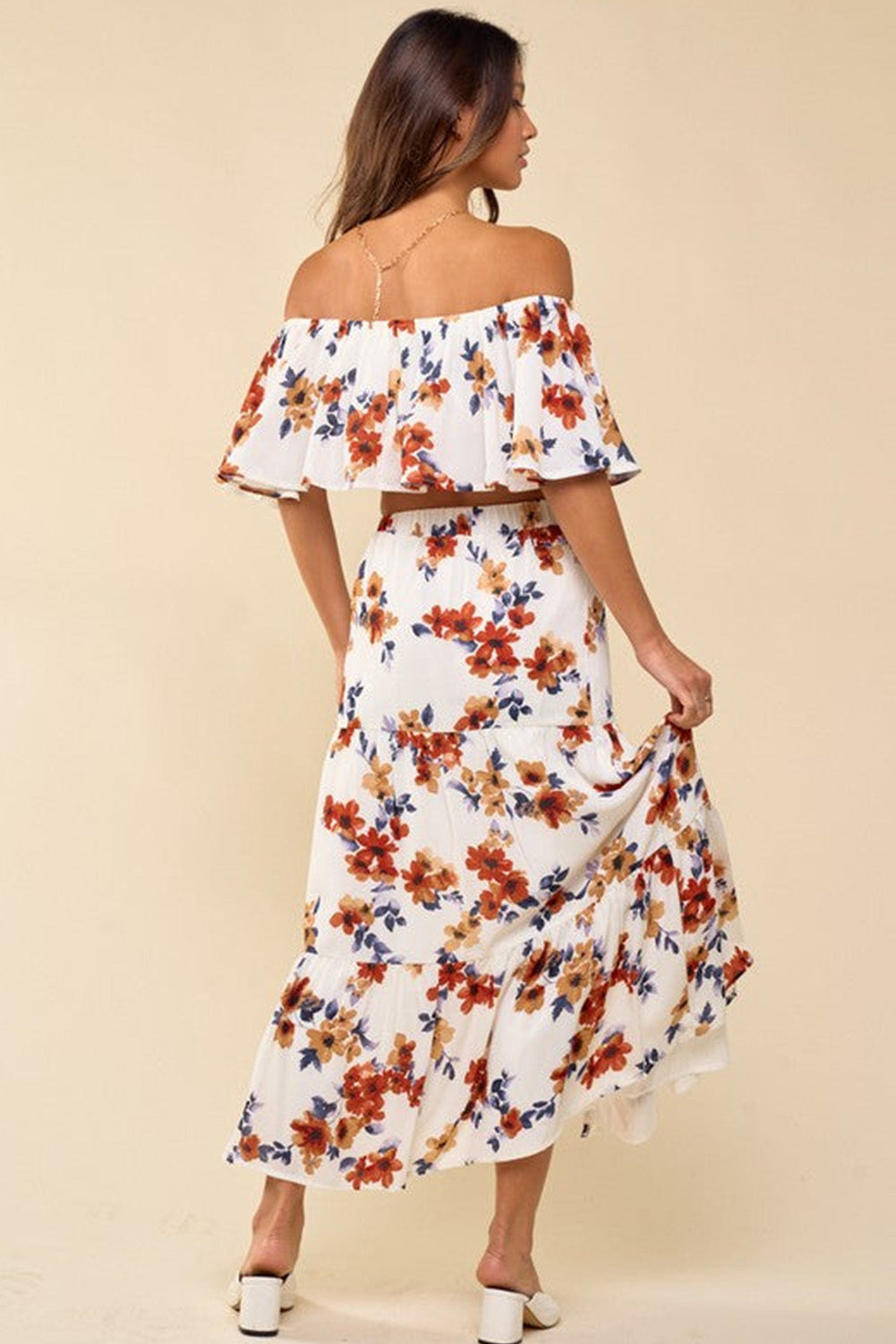 White Floral Print Off-shoulder Crop Top and Maxi Skirt Set