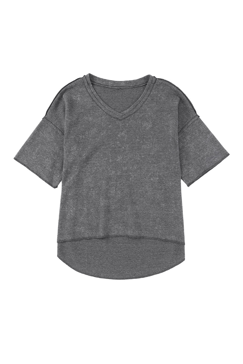 Gray Waffle Knit Seamed Half Sleeve V Neck Top