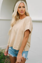 Apricot Solid Patched Side Slit T Shirt