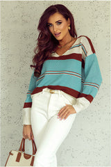 Sky Blue Striped Pattern Knit V Neck Sweater