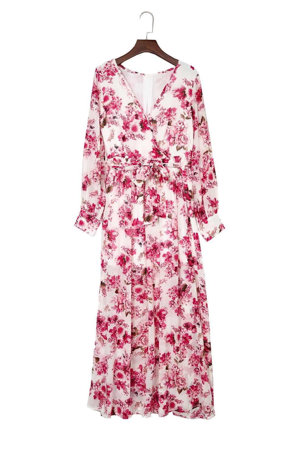 Pink Wrap V Neck Floral Maxi Dress