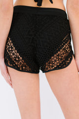 Black Hollow Out Lace Overlay Swim Short Bottom