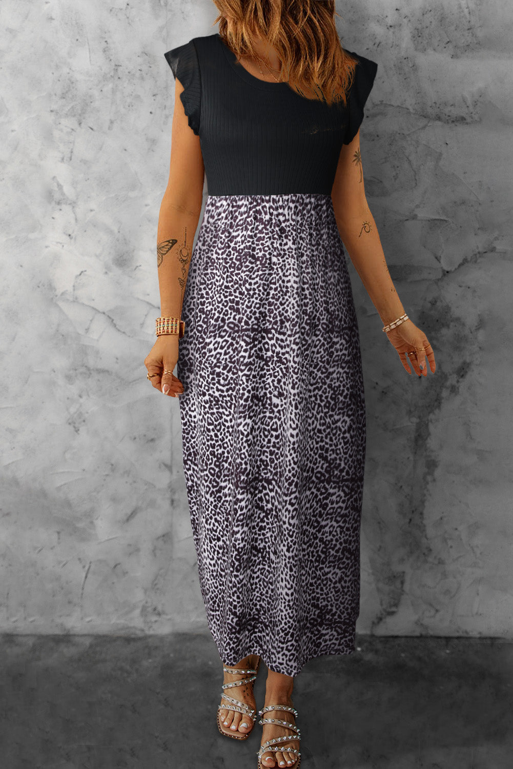 Gray Leopard Patchwork Ribbed Maxi Dress with Pockets