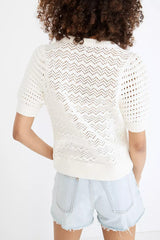 Beige Hollowed Knit Short Puff Sleeve Sweater Tee