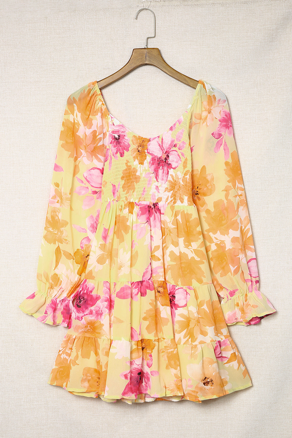 Yellow Square Neck Puffy Sleeve Tiered Floral Dress
