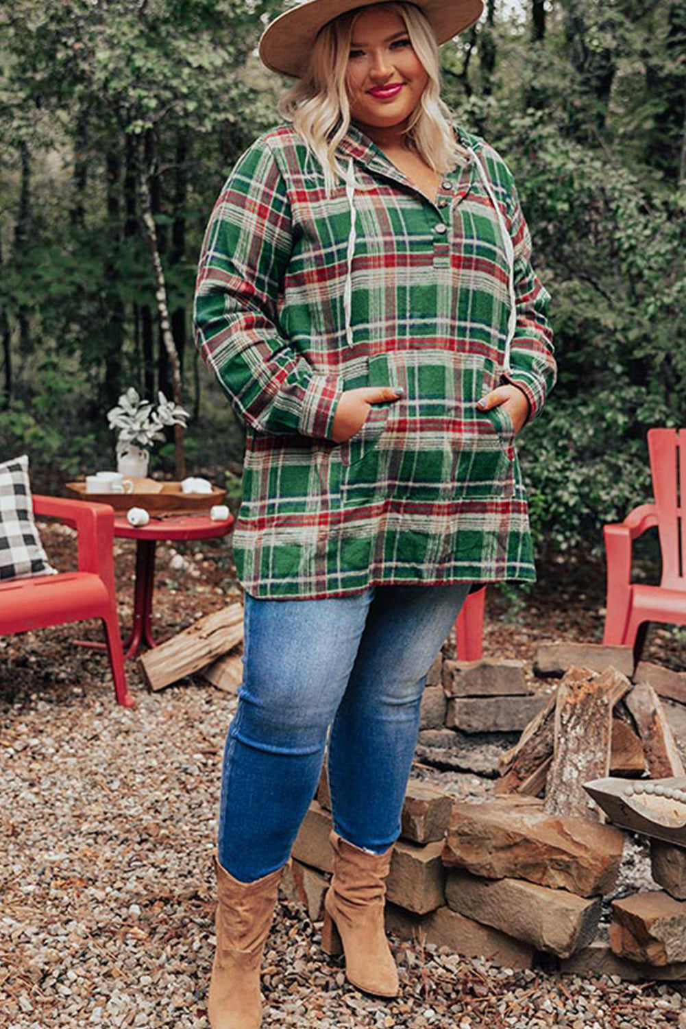 Green Plus Size Plaid Kangaroo Pocket Drawstring Hoodie