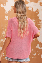 Pink V Neck Half Sleeves Loose Knitted Top