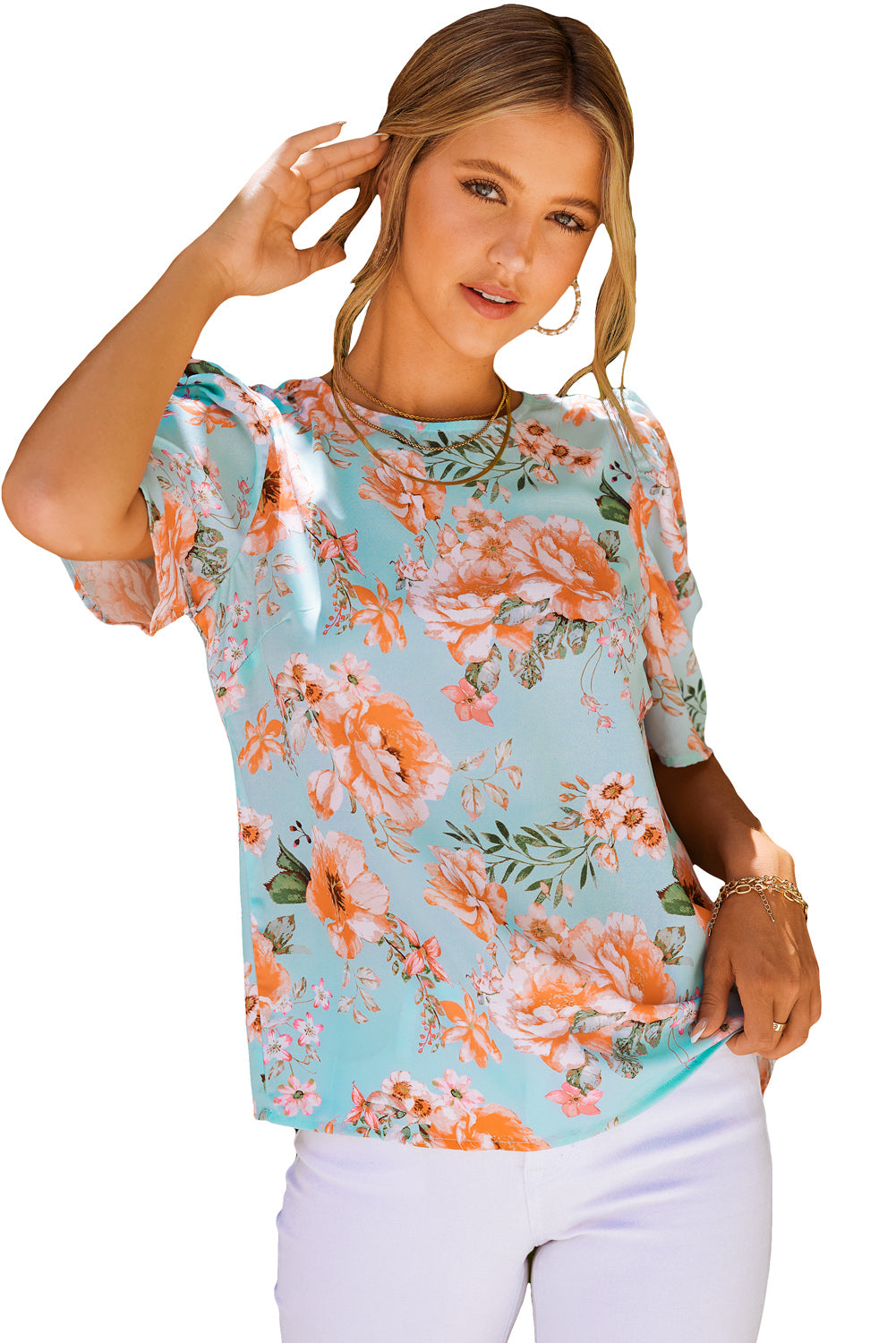 Sky Blue Floral Print Short Puff Sleeves Top