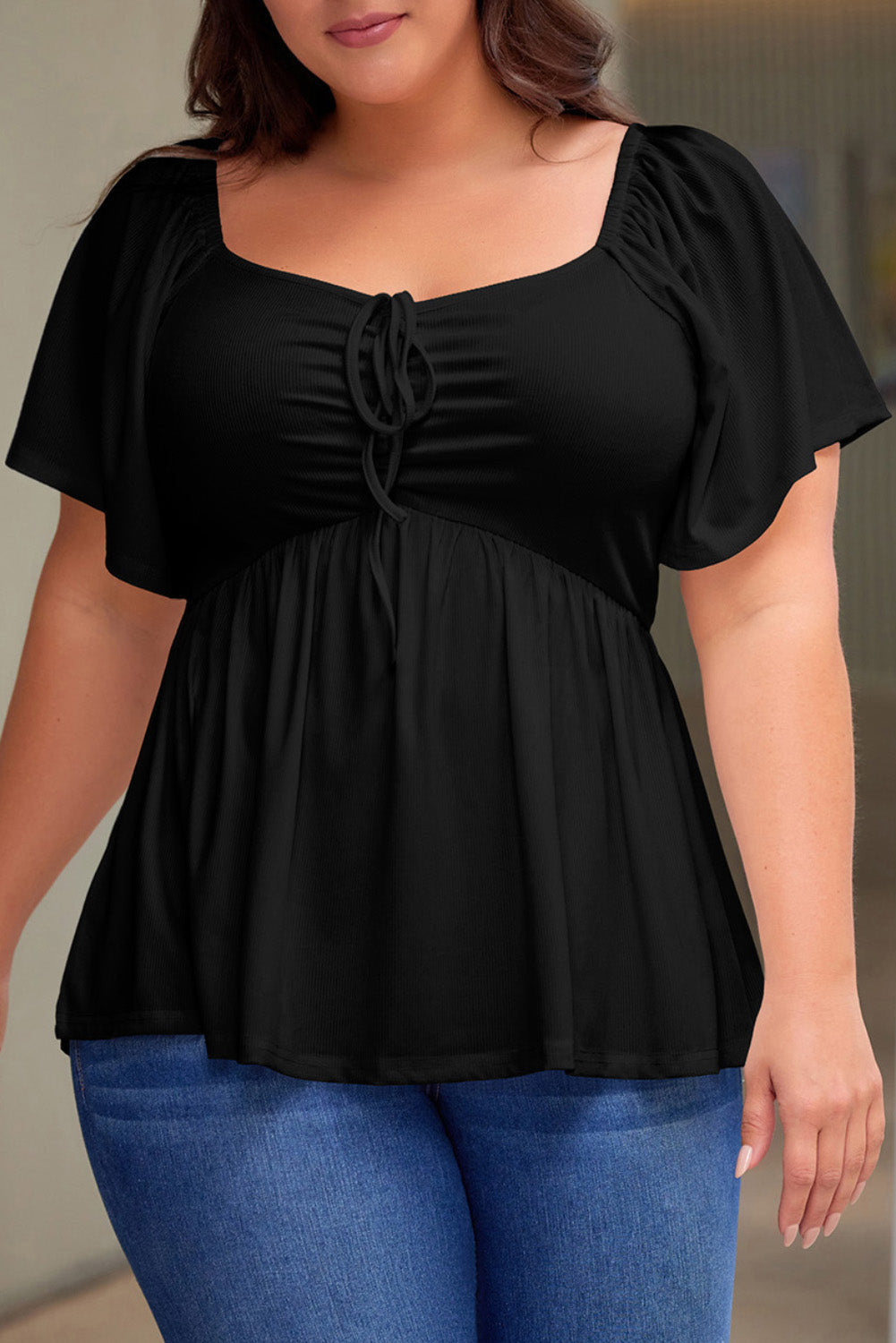 Black Plus Size Ruched Front Babydoll Top