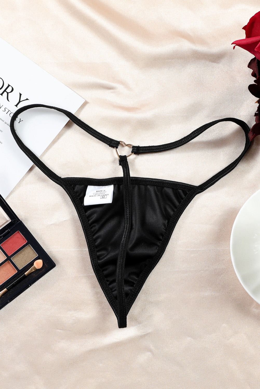 Black Embroidered Floral High Waist Thong
