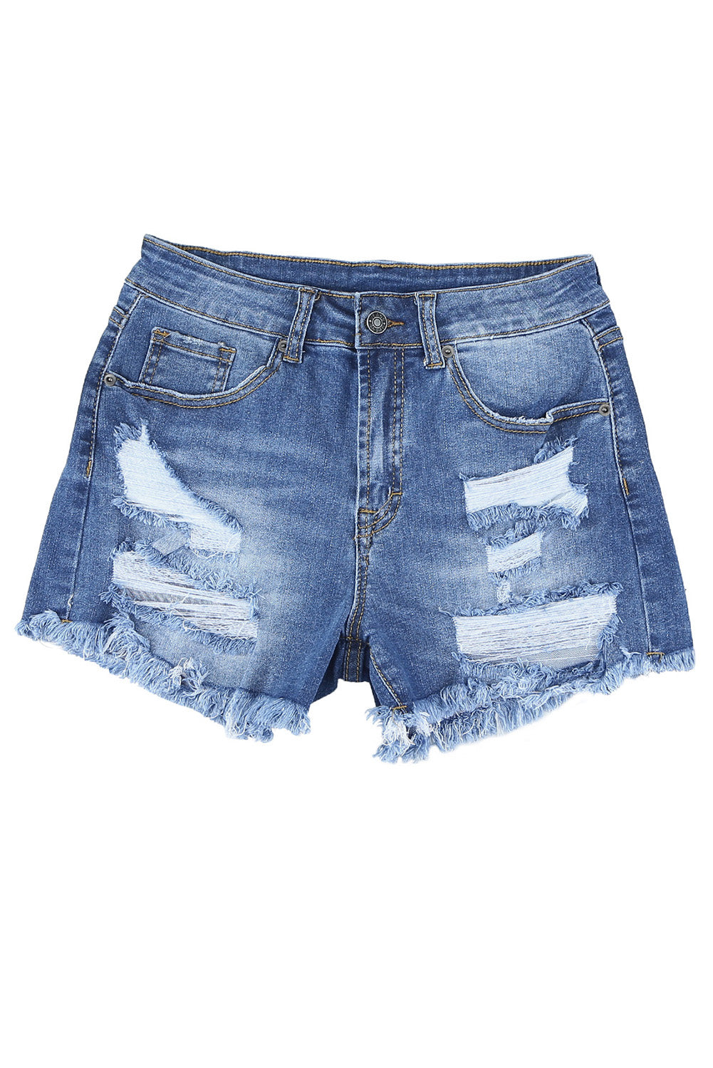 Blue Raw Hem Distressed High Rise Denim Shorts