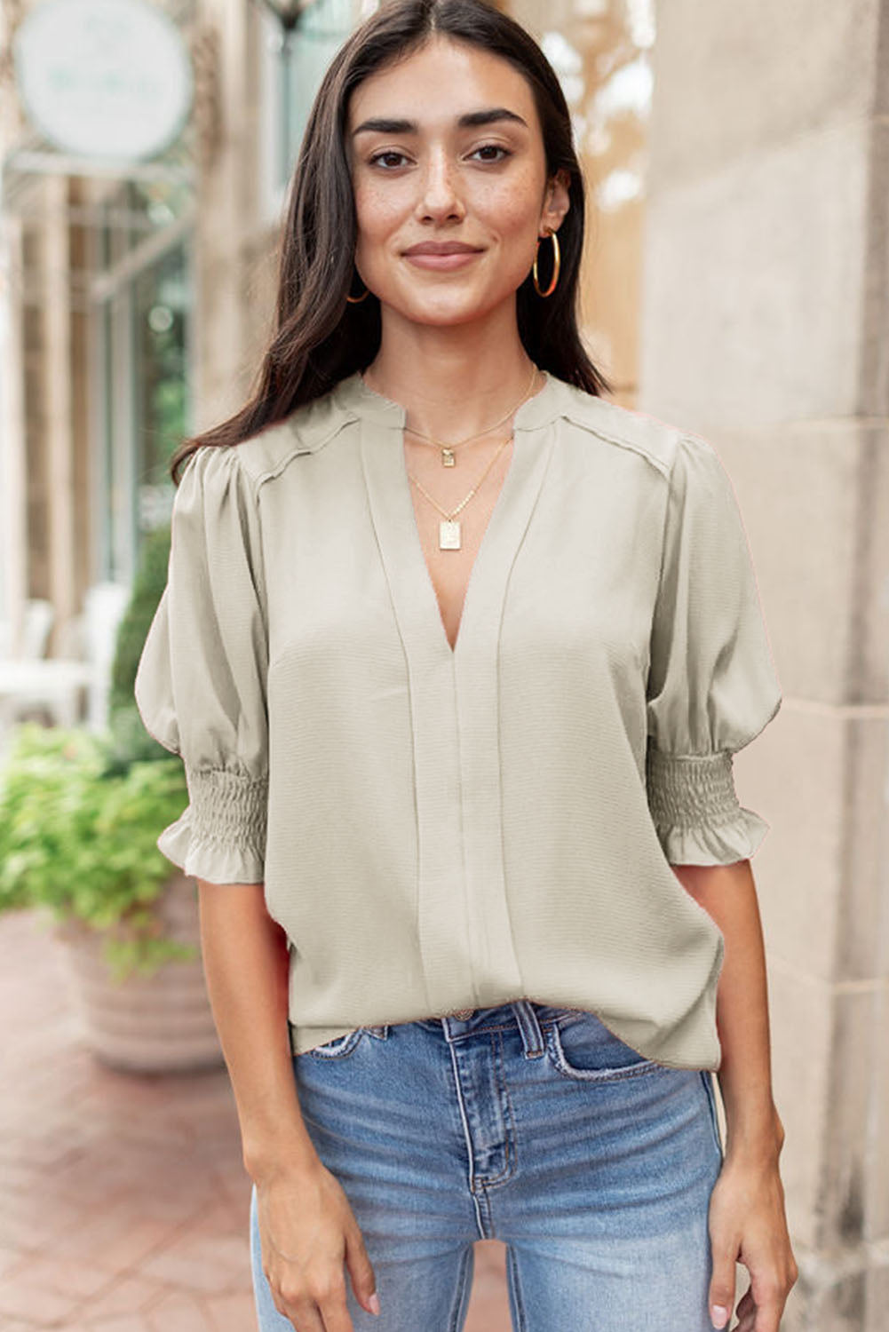 Red Solid Color Half Sleeve V Neck Blouse