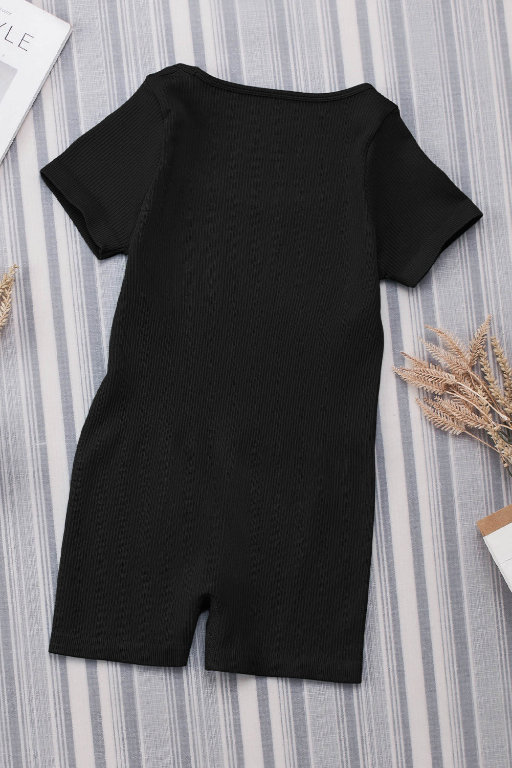 Black Ribbed Square Neck Short Sleeve Athleisure Romper