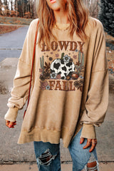 Khaki HOWDY FALL Pumpkin Print Split Hem Sweatshirt