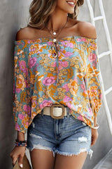 Blue Frilled Off Shoulder Floral Blouse