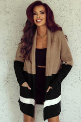 Brown Gingerbread Latte Colorblock Pocketed Cardigan