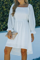 White Square Neck Smocked Back A-line Dress