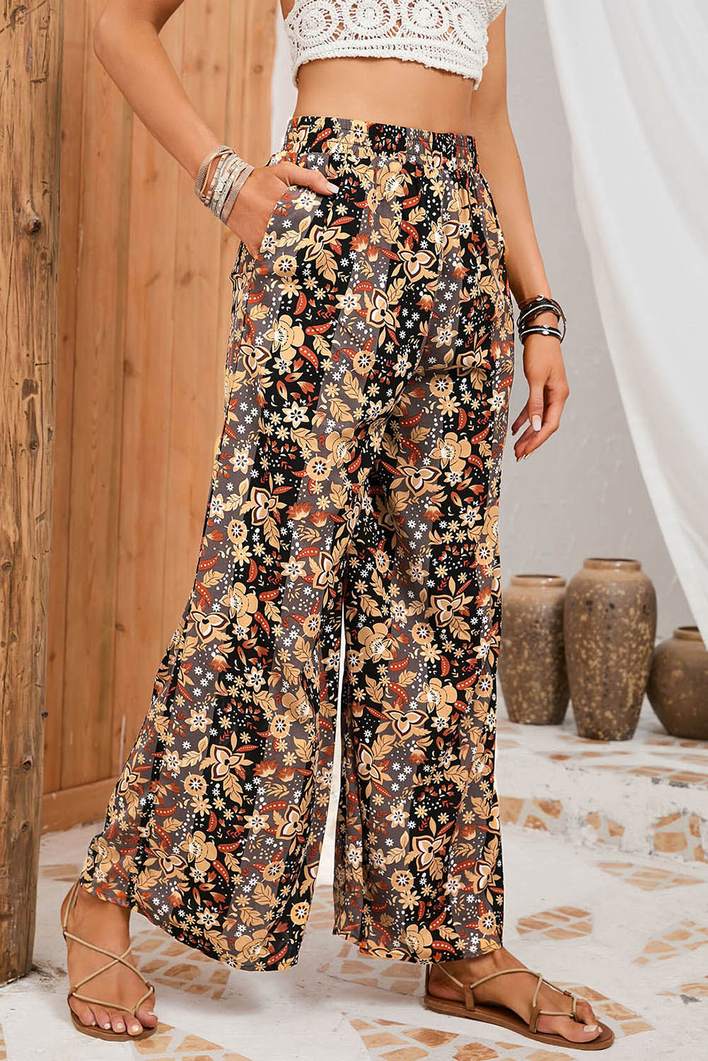 Black Floral Print High Waist Wide Leg Pants