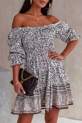 Leopard Tribal Pattern Print Pleated Square Neck Mini Dress