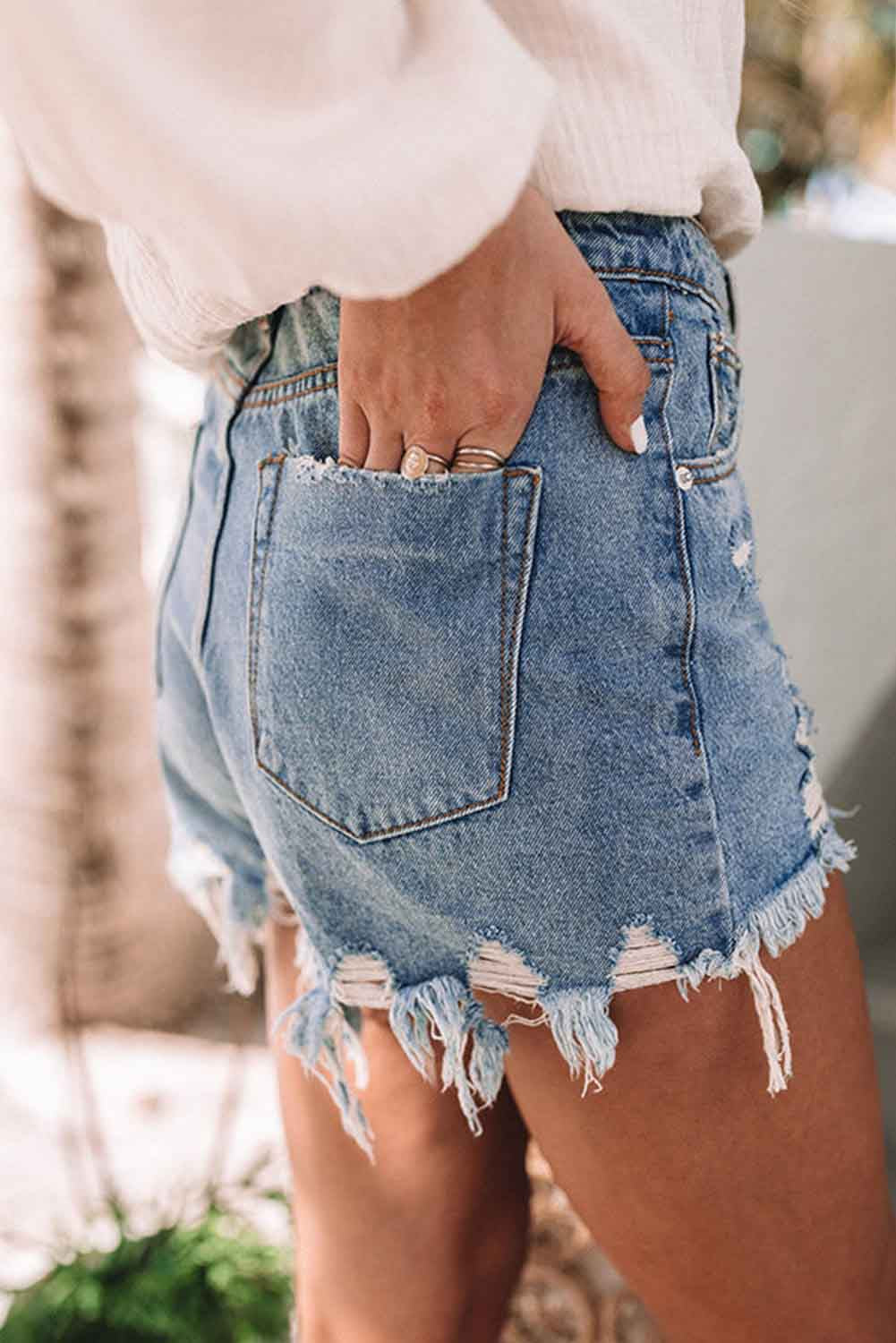 Sky Blue Distressed Raw Edge Jean Shorts