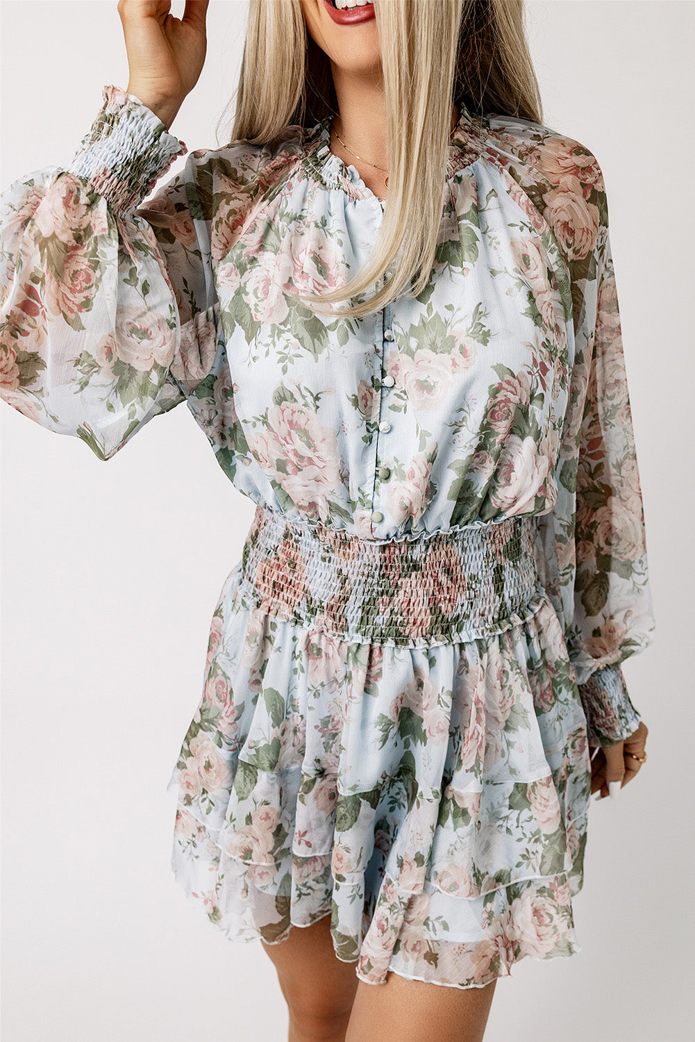 Green Floral Print Tiered Ruffled Shirred High Waist Mini Dress