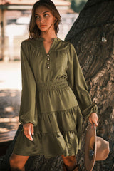 Green Split Neck Balloon Sleeve Tiered Ruffled Dress