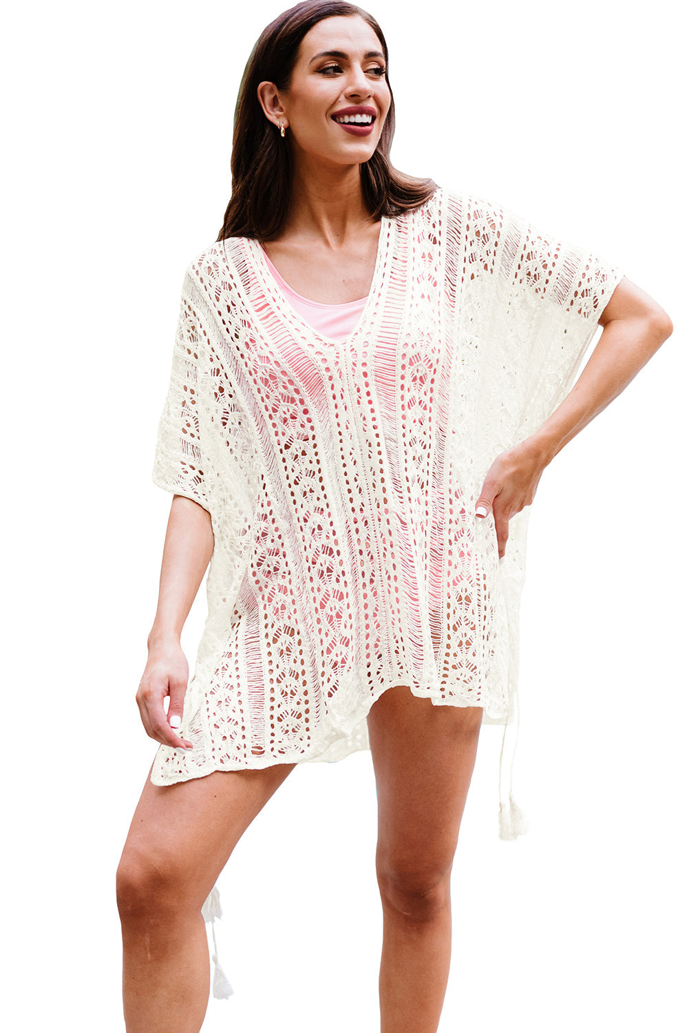 White Crochet Knitted Tassel Tie High Low Beachwear