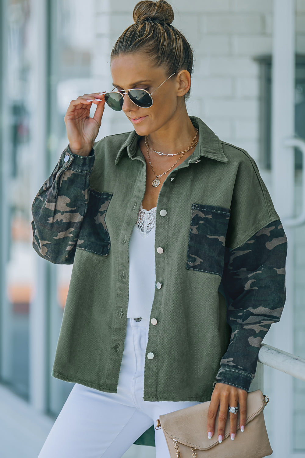Green Camo Print Patchwork Button-up Jacket