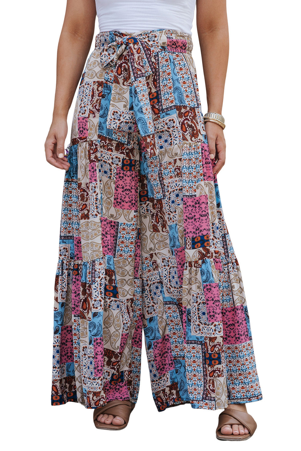 Multicolor Boho Paisley Mixed Print High Waist Pants