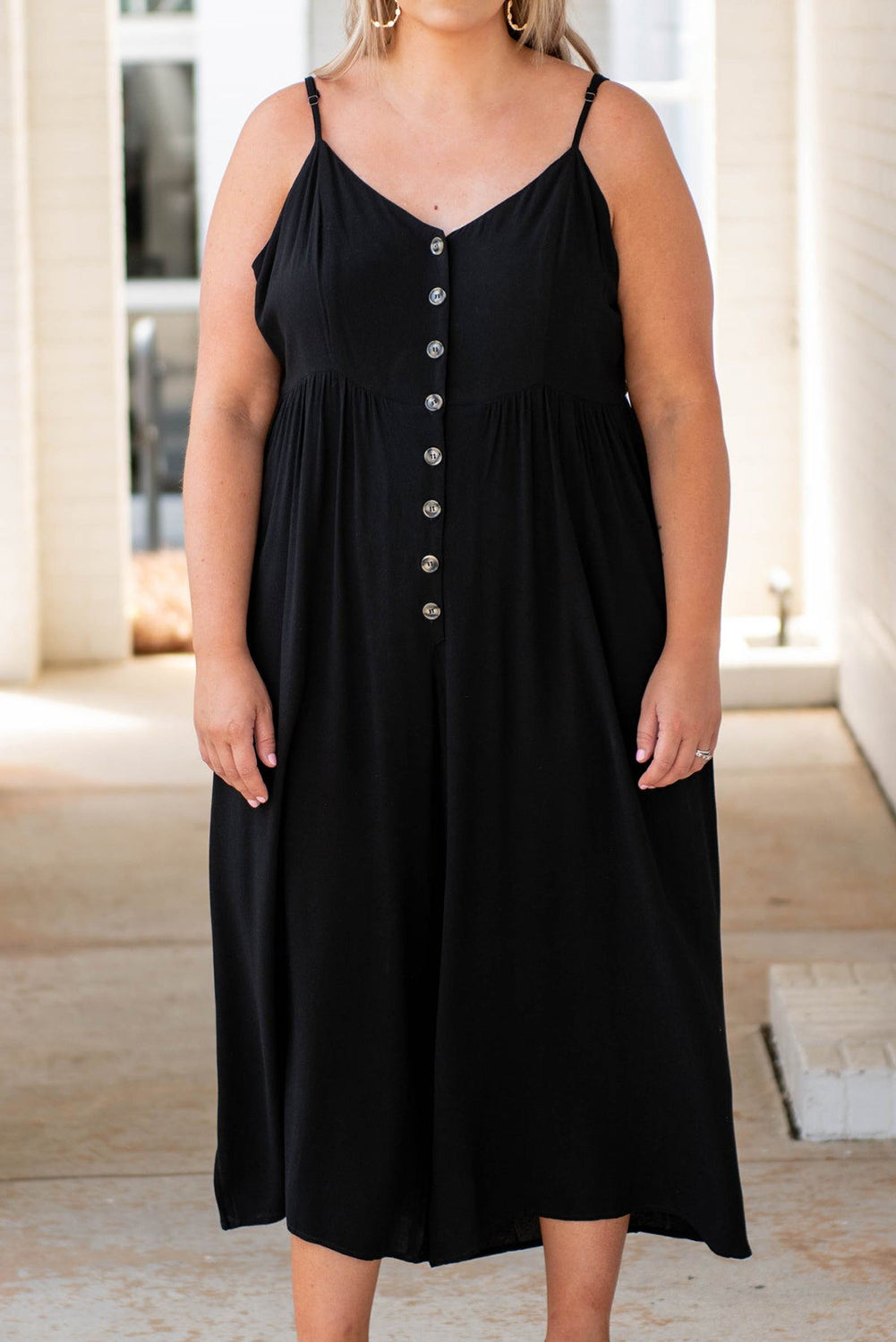 Black Buttons Sleeveless Wide Leg Plus Size Jumpsuit