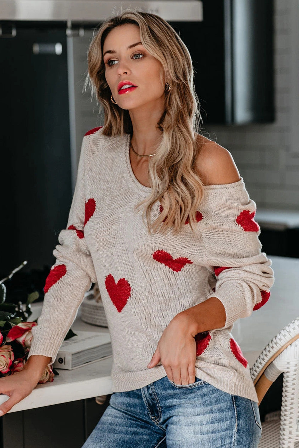 Red Heart Pattern V Neck Knit Sweater