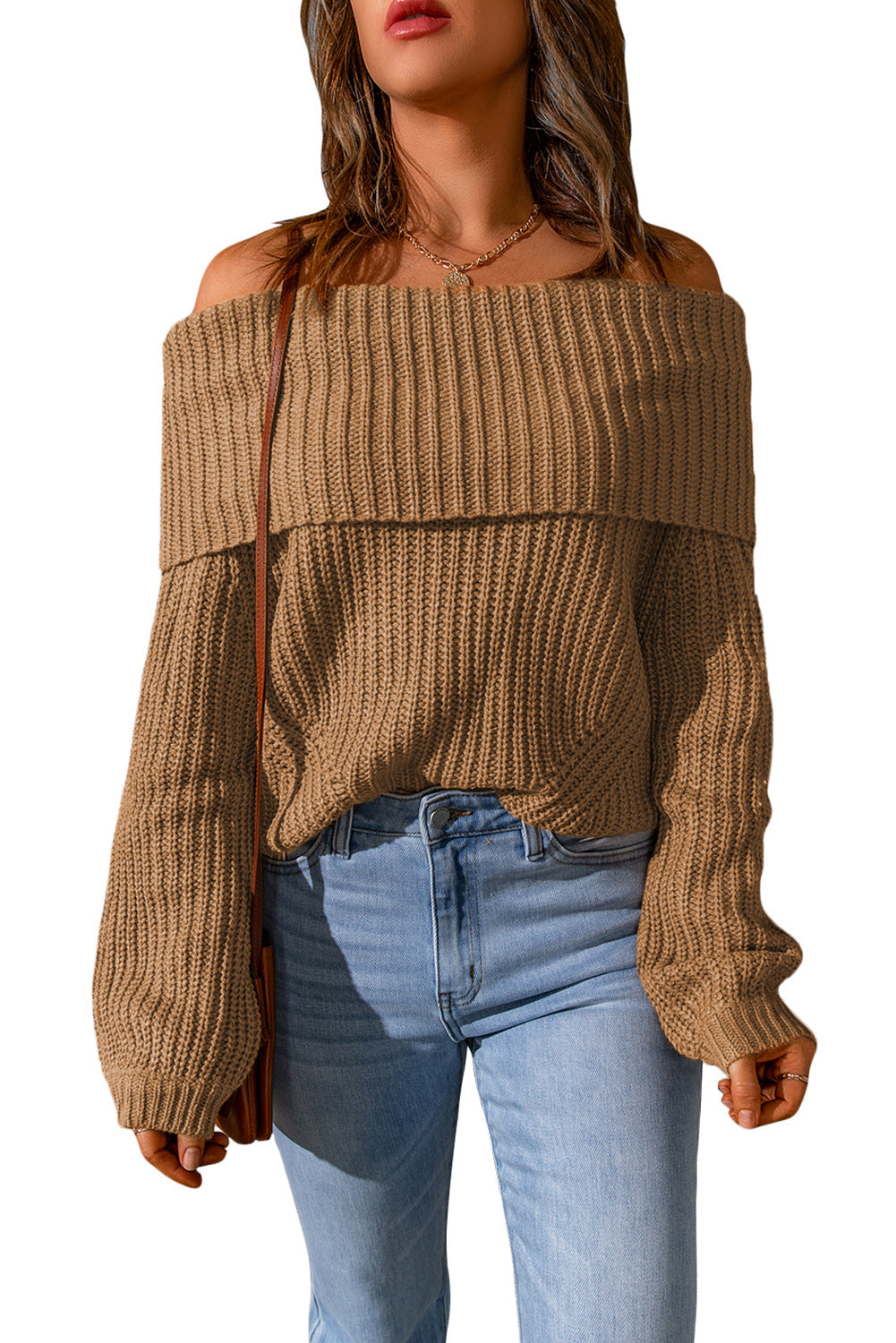 Brown Ribbed Knit Off Shoulder Sweater