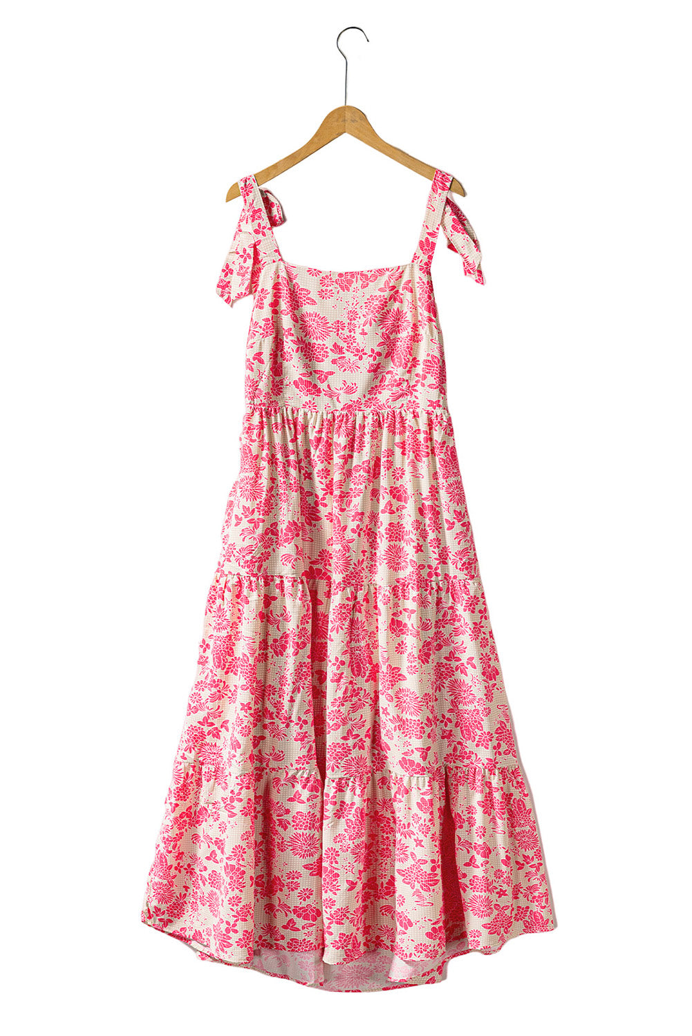 Pink Gingham Floral Tie Shoulder Maxi Dress