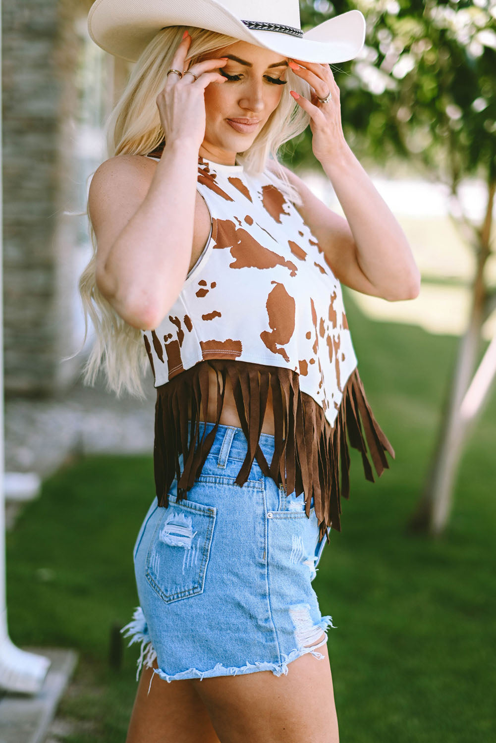 White Cow Printed Fringe Hem Tank Top