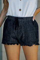 Black Casual Pocketed Frayed Denim Shorts