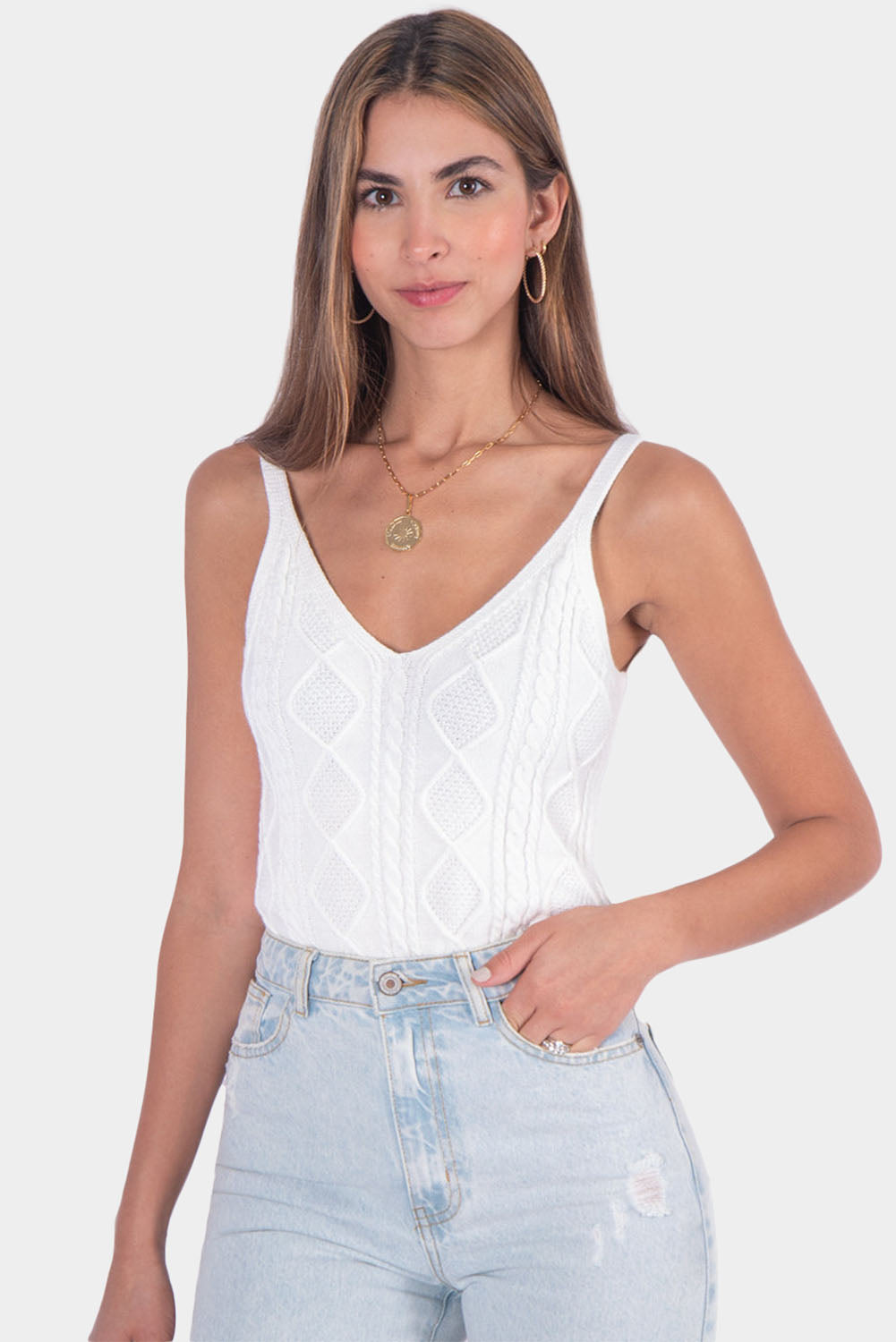 White Geometric Cable Knit Textured Tank Top